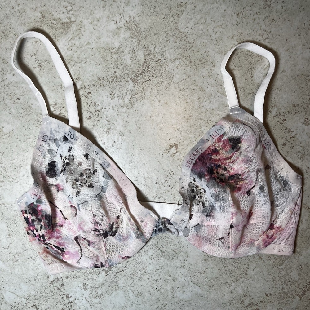 Victoria's Secret Bralette‎ Lace Mesh Underwire Coquette Floral Pink Bra 32D EUC